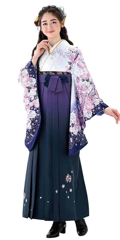 卒業袴レンタル着物904A2白/藤ボタン&女袴395_250紫・黒/ボカシししゅう&ブーツ黒_A2（身長160cm前後・9-13号・ブーツ丈対応商品）