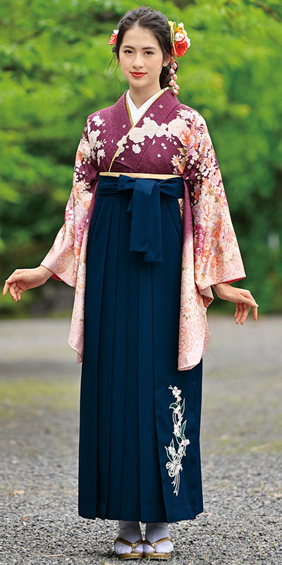 卒業袴レンタル着物915A3エビ茶/藤牡丹&女袴377_270紺/スズラン