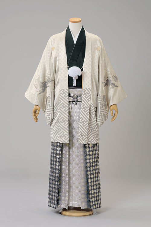 男子紋服レンタル着物137_175白唐獅子/袴66_175ボカシ幾何模様（身長 